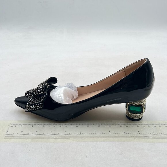 FSJ Black Pointed Toe Crystal Pump Rhinestone Bow Block Low Heel Slip On Shoes - Picture 2 of 8